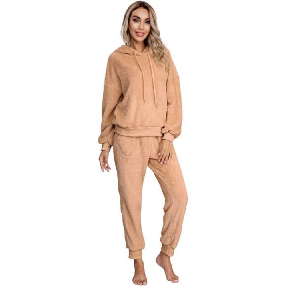 Women's Fuzzy Sherpa Fleece Pajamas Set, Camel - Picture 1 of 6